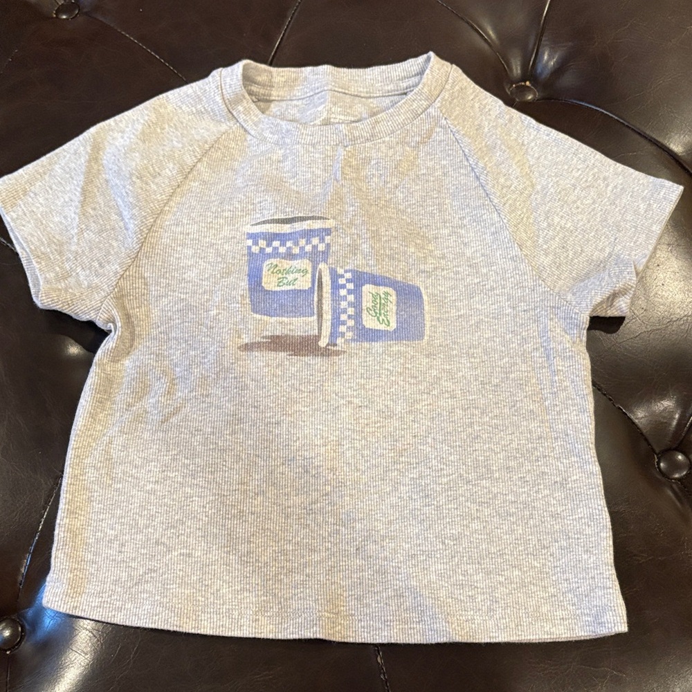 Aerie Heather Gray Tee with Blue Coffee Graphic